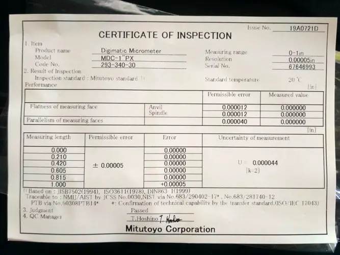 Mitutoyo 293-340-30 Inspection Certificate