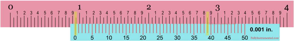 Reading Imperial Vernier Caliper Model 3 Case 3 (With Positive Zero Error)