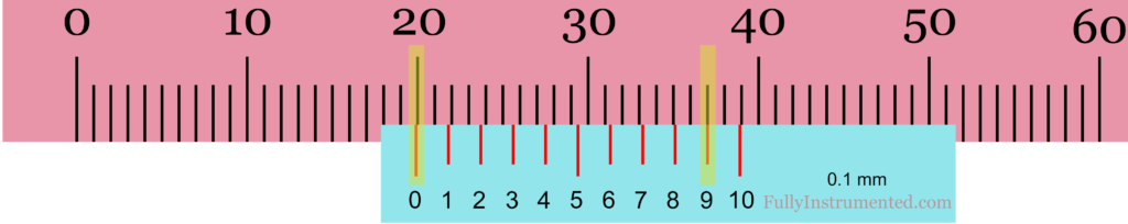 Reading Metric Vernier Caliper Model 3 Case 2 (With Negative Zero Error)